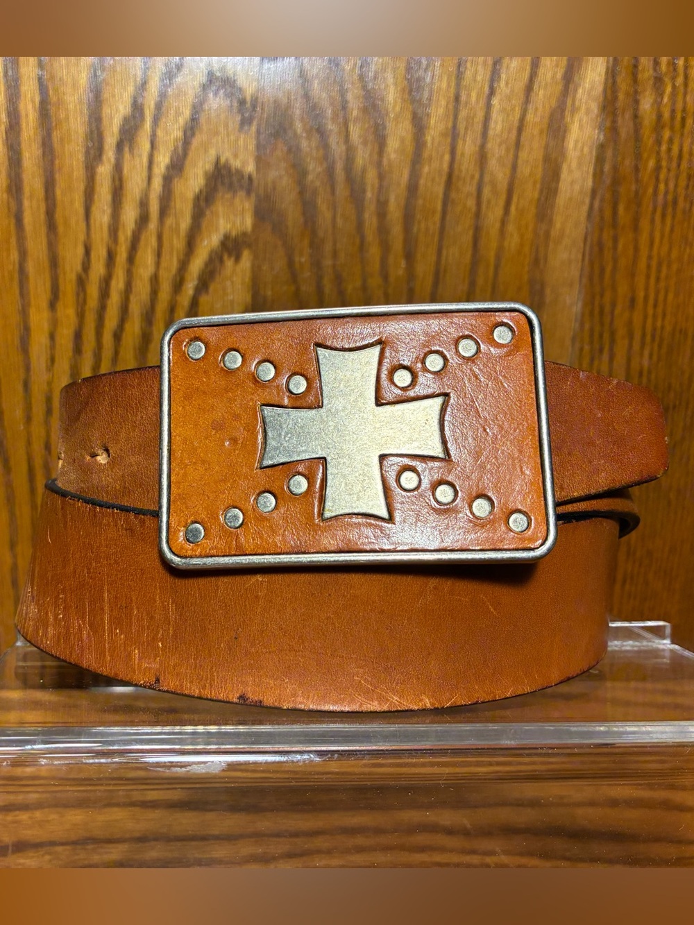 Y2K Guess Leather Cross Buckle Studded Western Rocker Belt Brown Men’s Size 32